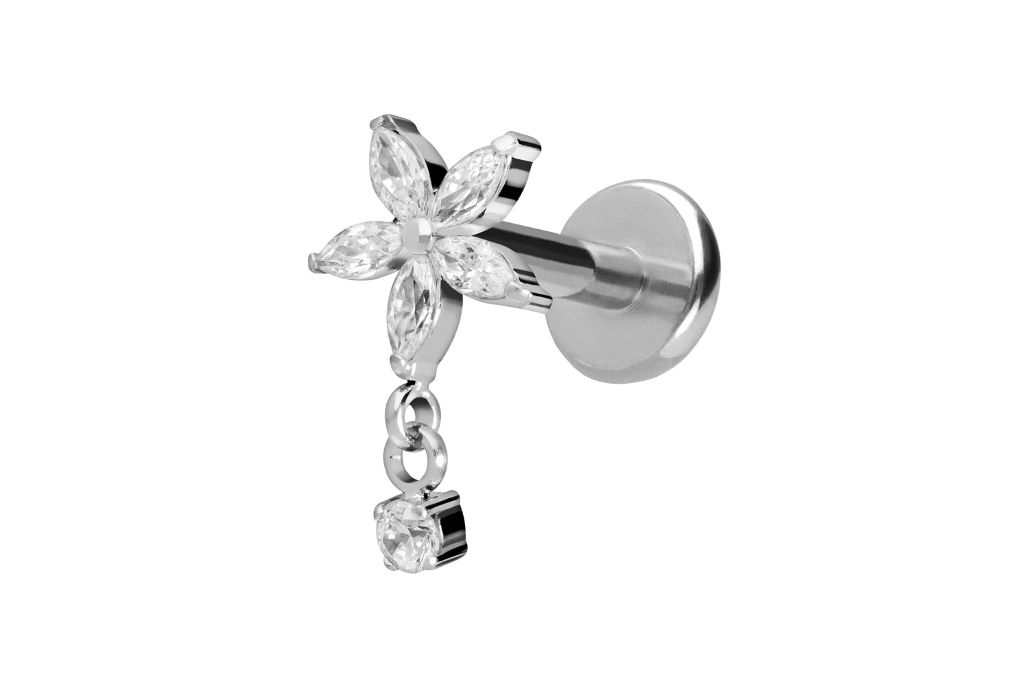 Titan Labret Piercing mit Push Fit KRISTALLBLUME + KRISTALL